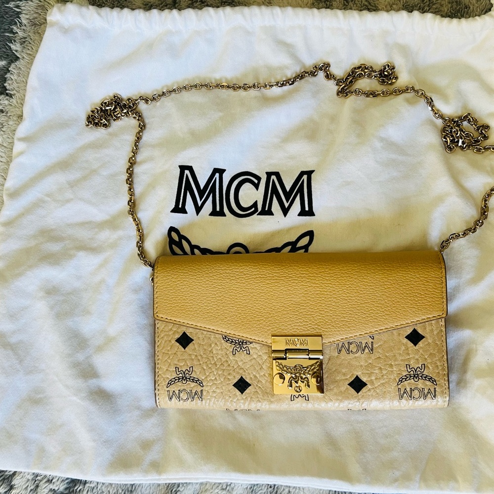 MCM Tan Clutch with Monogram Print and Chain Strap